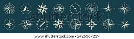 Navigation compass icon collection. Set of abstract compass icons. Vintage marine wind rose, nautical chart. Set of nautical compass navigation icons