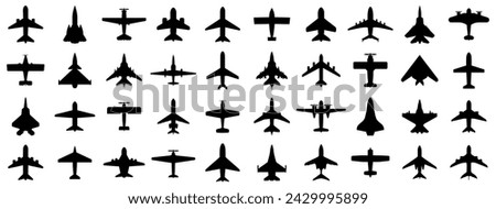 Black airplane icon collection. Set of black plane silhouette icon. Aircraft, plane, airplane, jet icon collection