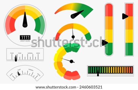 Credit score meter collection. Set of indicator credit score icons. Gauge meter collection