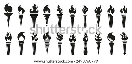 Torch flame icons. Big set of different torch fire flames in black