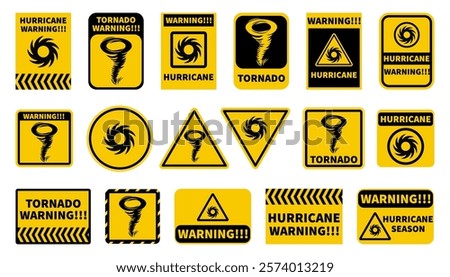 Hurricane road sign collection. Warning tornado signs in orange