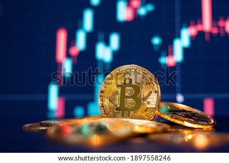 Bitcoin gold coin and defocused chart background. Virtual cryptocurrency concept.