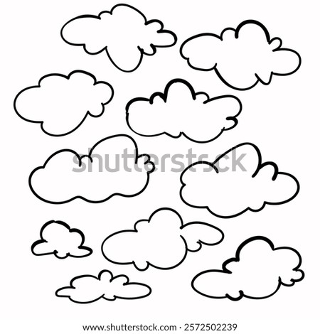 Different shaped cloud. Vector icons, hand-drawn.