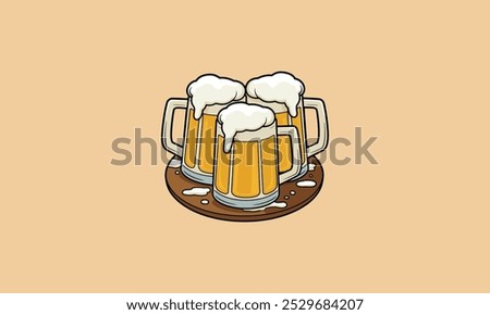 Three frothy beer mugs on a wooden tray, overflowing foam