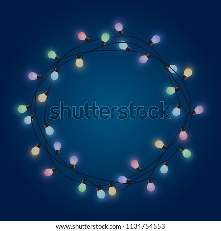 Garland round frame from glowing bulb, decorative colored light garland, place for text from shining lamps, lighting bounding box and border, vector illustration