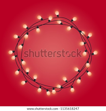 Garland frame with glowing lamps, decorative lights garland, round place for text with shining lamps, lighting bounding box and border, vector illustration