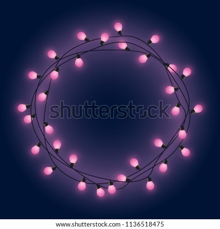 Garland frame with pink glowing lamps, decorative pink lights garland, round place for text with shining lamps, lighting bounding box and border, vector illustration