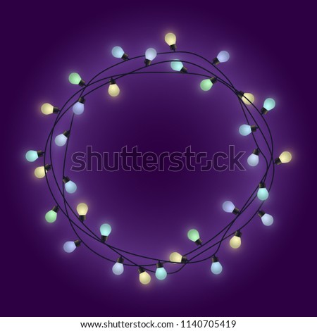 Light lamps garland wreath, front door fairy lights wreath, round place for text with shining bulbs, lighting bounding box and border, vector illustration