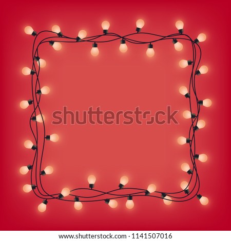 Lamp garland wreath, front door fairy lights wreath, square place for text with shining bulbs, lighting bounding box and border, vector