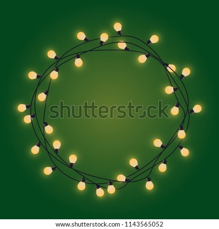 Garland frame with glowing lamps, decorative lights garland, round place for text with shining lamps, lighting bounding box and border, vector illustration