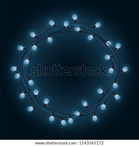 Garland frame with glowing lamps, decorative lights garland, round place for text with shining lamps, lighting bounding box and border, vector illustration