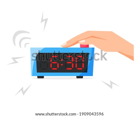 Turn of ringing alarm clock, pressing button on electronic clock, early morning concept, waking up early, flat vector illustration