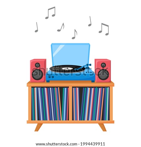 Turntable playing vinyl record. Retro audio device with acoustic system. Analog music player with vinyl collection. Vector