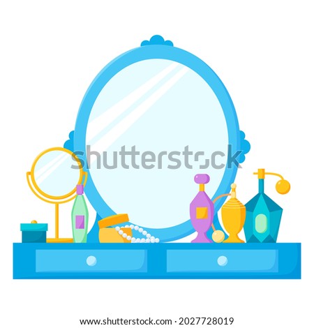 Dressing table with mirror, female boudoir with cosmetics, perfume and jewellery box. Vector illustration in flat style 
