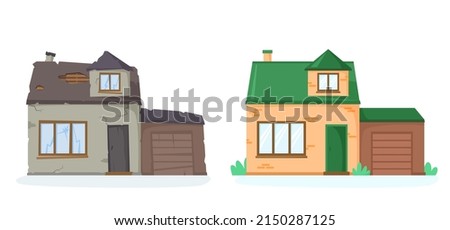 House before and after repair. Old and new suburban cottage. Run-down and renovated home. Remodelled brick house with garage. Nice detached house. Vector