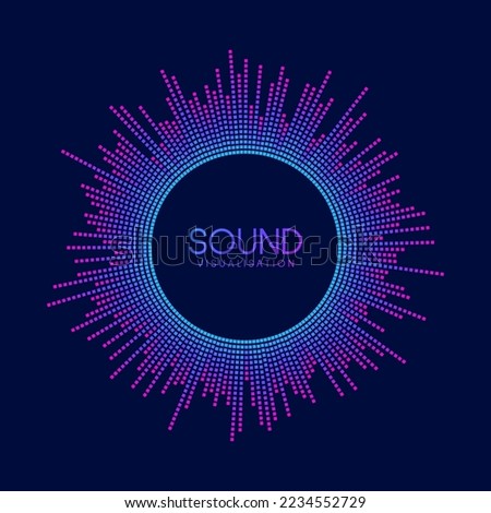 Circle sound wave visualisation. Pixel music player equaliser. Radial audio signal or vibration element. Voice recognition. Epicentre, target, radar, radio icon concept.