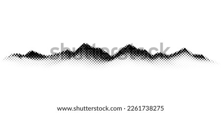 Grain halftone mountains. Fading dotted landscape and terrain. Black and white grainy hills. Grunge noise background. Textured wallpaper. 