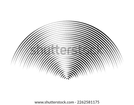 Dotted sound wave signal. Radio or music audio concept. Epicentre or radar icon. Textured radial signal or vibration elements. Impulse curve lines. Concentric ripple semi circles. Vector