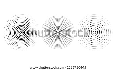 Concentric ripple circles set. Dotted sound wave rings collection. Epicentre, target, radar icon concept. Radial signal or vibration elements. Halftone vector 
