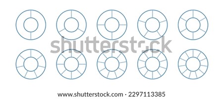 Donut chart segments set. Wheel diagrams pack. Blue outline ring sections and slices collection. From 2 to 11 sectors of infographic charts. Different phases and stages of cycle. Vector 