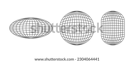 Wireframe shapes. Sphere, ellipse. Globe grid frame elements set. Geometric round net. Outline graphic design collection. Vector
