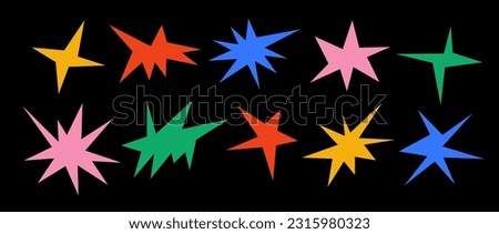 Colorful sharp shapes collection. Bright irregular sparks and twinkles set. Abstract edgy sparkles and stars element pack. Asymmetry angular forms bundle for banner, collage, poster, sticker. Vector 