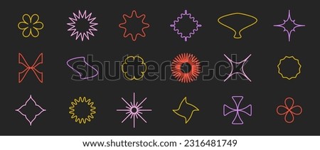 Outline stars, flowers, crosses, curves shapes set. Primitive linear abstract forms collection in Swiss, bauhaus, Memphis style on dark background. Element for poster, banner, collage. Vector signs