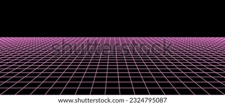 Pink neon flat wireframe grid. Checkered floor landscape. Horizontal chessboard plane in perspective. Black and white abstract lattice surface background. Vector illustration 