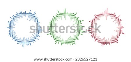 Radial sound waves collection. Round music equalizer bar set. Blue, red and green audio chart pack. Abstract circle radio and voice signal symbol for podcast, app, player. Vector element bundle