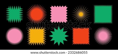 Colorful zig zag edge square and circle shapes collection. Jagged patches set. Bright graphic design elements for decoration, banner, poster, template, sticker, badge. Vector
