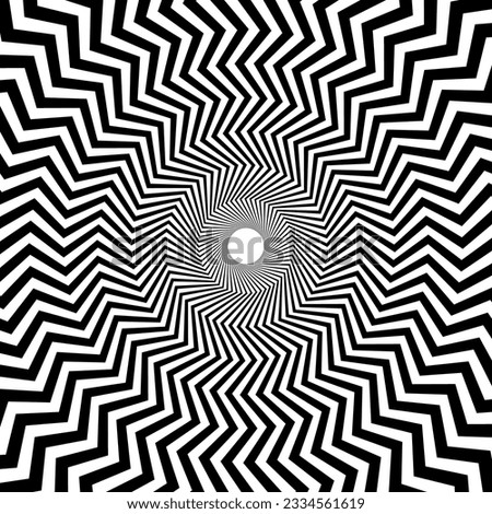 Optical illusion background. Black and white abstract distorted zigzag lines surface. Radial wave poster design. Hypnotic illusion wallpaper. Vector illustration