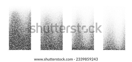 Set of fading wavy rectangular gradients. Black vertical dotted textured element collection. Stippled halftone object pack. Noise grain dotwork shapes. Vanishing engraved shade effects bundle. Vector