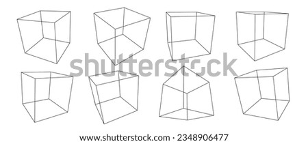 Black wireframe cube collection. Outline cubic shapes in different angles, perspective and positions. Geometric square elements for design template, icon, logo. Abstract boxes vector illustration