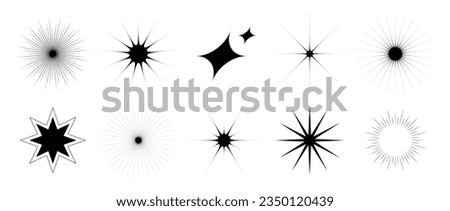 Various blinks and twinkles set. Retro stars collection. Abstract black starburst shine effect pack. Design element template for poster, banner, logo, card, icon, label, collage, tag. Vector bundle