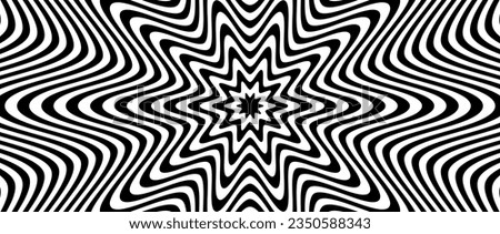 Radial optical illusion background. Black and white abstract wave lines surface. Poster design. Concentric repeating star or flower illusion wallpaper. Vector op art illustration