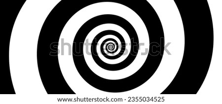 Hypnotic spirals background. Radial optical illusion. Black and white swirl tunnel wallpaper. Horizontal spinning concentric curves. Vortex or whirlpool design for poster, banner, flyer. Vector art