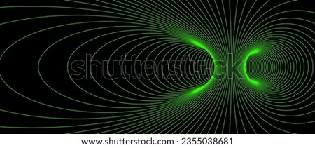 Wormhole wireframe structure. Neon geometric outline grid tunnel backdrop. 3D funnel or vortex texture. Green abstract energy lines on dark background. Vector illustration wallpaper. 
