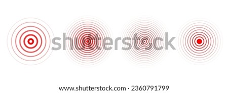Red concentric ripple circles set. Sonar or sound wave rings collection. Epicentre, target, radar icon concept. Radial signal or vibration elements. Halftone vector illustration