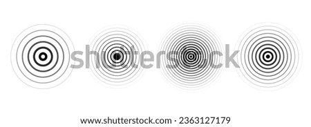 Black concentric ripple circles set. Linear sound wave rings collection. Epicenter, target, radar, sonar icon concept. Radial signal or vibration elements. Halftone vector illustration 