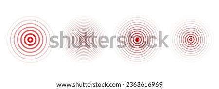 Red concentric ripple circles set. Sonar or sound wave rings collection. Epicentre, target, radar icon concept. Radial signal or vibration elements. Halftone line vector illustration