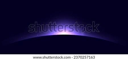 Planet eclipse concept. Purple solar light glare effect. Abstract glowing sunrise in dark space. Earth horizon halo illustration. Vector design for poster, banner, cover, brochure, booklet