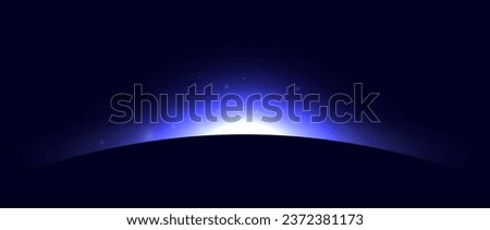 Planet eclipse concept. Purple blue solar light glare effect. Abstract glowing sunrise on dark background. Earth horizon halo illustration. Vector design for poster, banner, cover, brochure, booklet