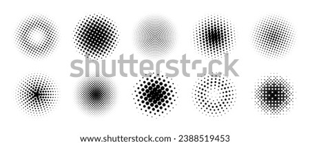 Halftone gradient circles collection. Dots textured round patterns. comic radial faded background set. Abstract pixelated elements for frame, poster, collage, banner, flyer. Vector cartoon bundle