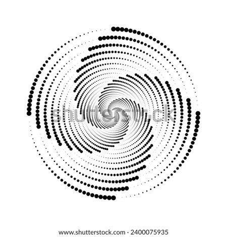 Dotted spiral lines element. Radial spinning halftone texture. Circle swirl dots shape. Abstract geometric background for poster, banner, logo, icon, collage, tattoo, tag. Vector whirlpool sign
