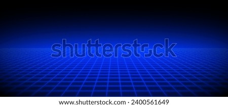 Glowing neon wireframe horizon background. Blue grid room floor in perspective. Bright retro futuristic wallpaper. Abstract checkered plane landscape. Game cyber surface. Vector backdrop