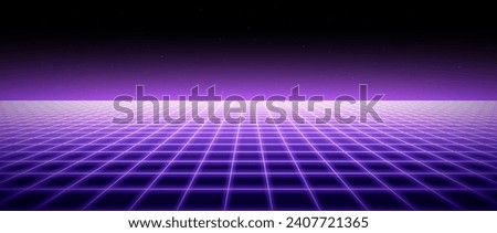 Neon wireframe horizon background. Light purple grid room floor in perspective. Glow violet retro futuristic wallpaper. Abstract checkered plane landscape. Game floor surface. Vector backdrop