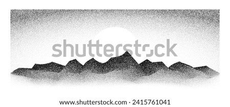 Grain stipple mountain range. Dotted landscape terrain silhouette. Black white grainy hills chain. Grunge noise stochastic background. Pointillism texture wallpaper. Vector dot work style illustration