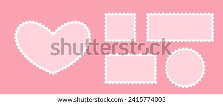 Valentines postage stamp set. Pink post stamp frame and border. Heart, square and circle shapes for mail, postcard, letter. Vintage Jagged wavy edge forms for poster, banner, badge, sticker. Vector