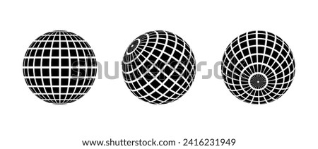 Black disco ball set. Collection of wireframe spheres in different angles. Grid globe or planet bundle. Outline mirrorball element pack for poster, banner, music cover, party. Vector illustration