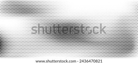 Hexagon halftone gradient texture. Abstract black and white spotted grunge background. Geometric retro tech wallpaper. Fading wavy hexagonal pattern backdrop. Vector vanishing honeycomb grunge overlay